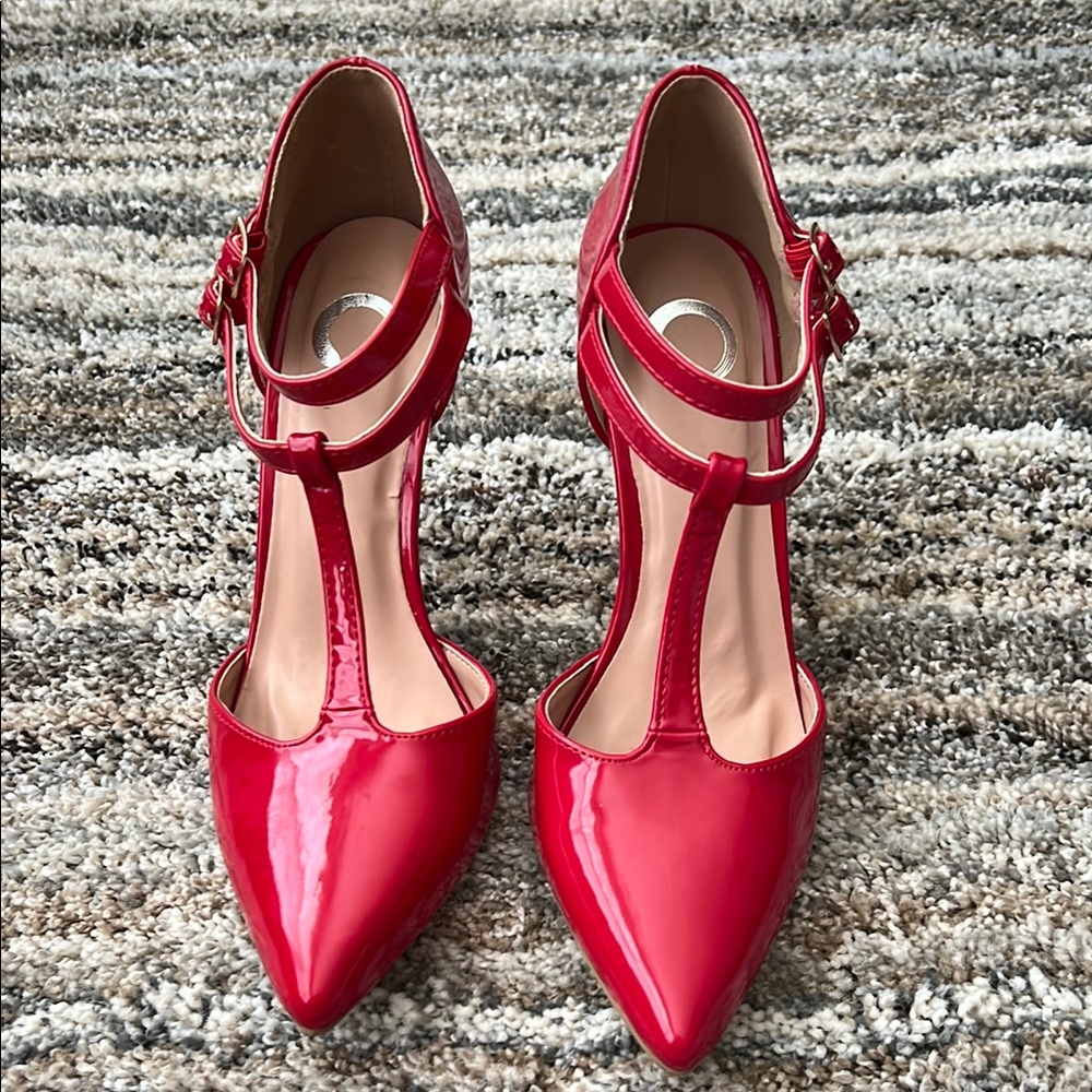 Red High Heel Pumps with T-Strap Design
